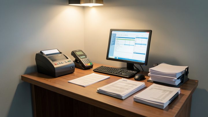 Illustration réaliste d’un espace de bureau professionnel avec une caisse enregistreuse, un terminal de paiement par carte, un ordinateur de comptabilité et des documents de paie.