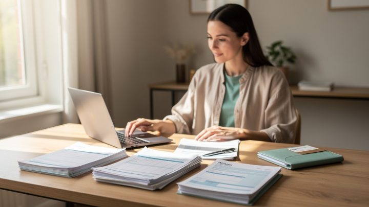 Une femme prépare ses vacances sur un bureau à domicile, en triant des documents comptables et des chèques-vacances près d’un ordinateur, avec une lumière naturelle.