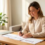 Une dirigeante de petite entreprise consulte des documents financiers sur un bureau moderne dans un espace lumineux, avec une ambiance professionnelle et sereine.
