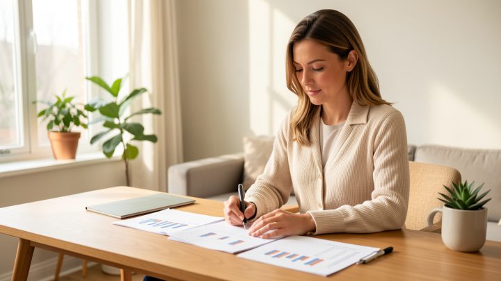 Une dirigeante de petite entreprise consulte des documents financiers sur un bureau moderne dans un espace lumineux, avec une ambiance professionnelle et sereine.