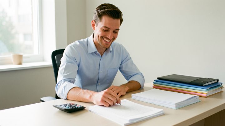 Entrepreneur souriant organisant son budget professionnel sur un bureau moderne et lumineux.