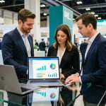 Comment évaluer le ROI de la stratégie marketing d’Odoo, salon et affichage ? Une équipe marketing B2B composée d’un homme et d’une femme analyse un tableau de bord de performance dans un salon professionnel moderne.
