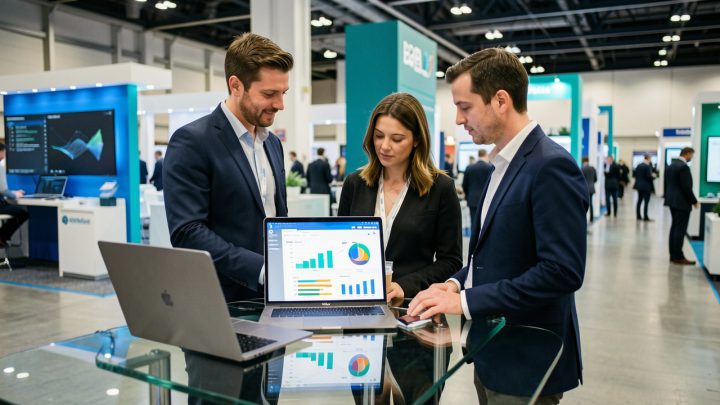 Une équipe marketing B2B composée d’un homme et d’une femme analyse un tableau de bord de performance dans un salon professionnel moderne.