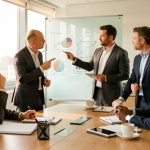 Comment mesurer le ROI d’un séminaire orienté développement commercial ? Une équipe diverse de professionnels analyse ensemble des indicateurs visuels abstraits après un séminaire de développement commercial dans une salle de réunion moderne.
