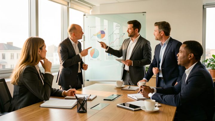 Une équipe diverse de professionnels analyse ensemble des indicateurs visuels abstraits après un séminaire de développement commercial dans une salle de réunion moderne.