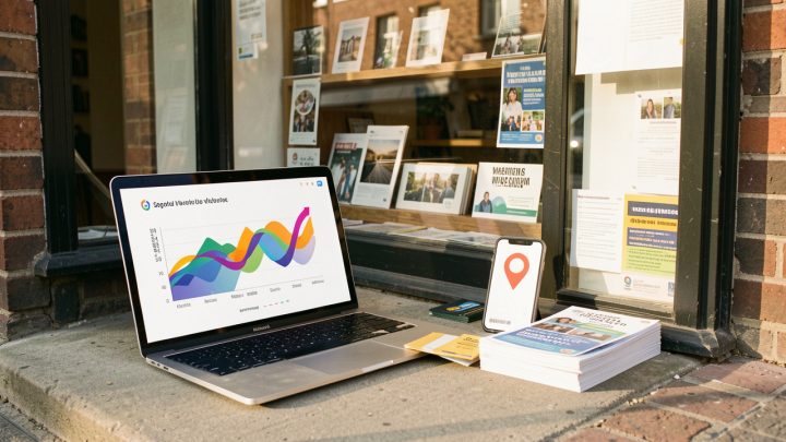 Vitrine d’un commerce de quartier accompagnée d’un ordinateur affichant des formes analytiques abstraites, d’un smartphone avec une épingle de localisation et de supports promotionnels vierges.