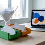 Bureau professionnel avec un entonnoir transparent triant des enveloppes vierges dans trois bacs de priorité aux couleurs distinctes.