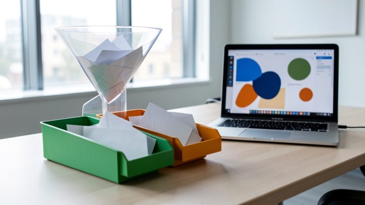 Bureau professionnel avec un entonnoir transparent triant des enveloppes vierges dans trois bacs de priorité aux couleurs distinctes.