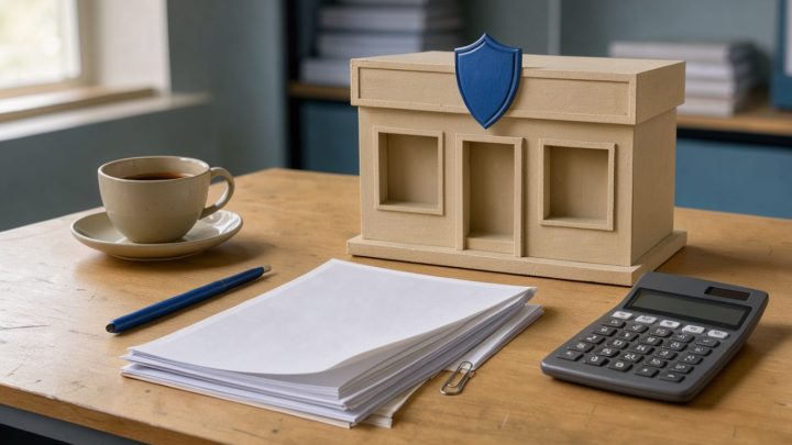 Bureau de petite entreprise avec une maquette de boutique, un symbole de protection, une calculatrice et des documents vierges évoquant le choix d’une assurance.