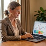 Une dirigeante d’hôtel analyse des graphiques financiers et des réservations stylisées sur un ordinateur, dans un bureau professionnel éclairé par la lumière naturelle.