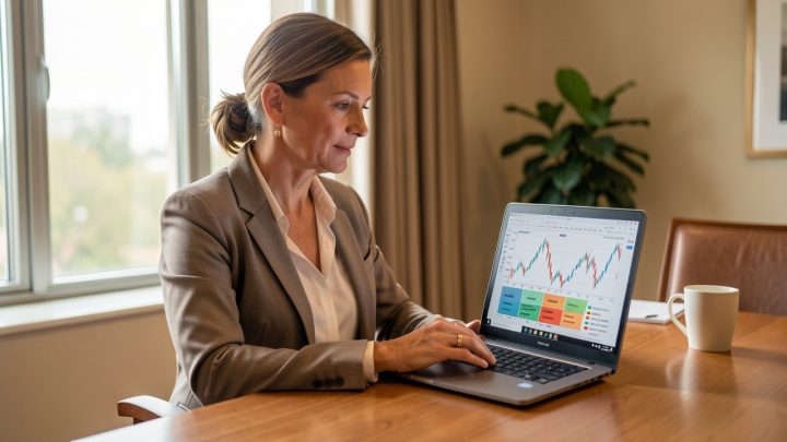 Une dirigeante d’hôtel analyse des graphiques financiers et des réservations stylisées sur un ordinateur, dans un bureau professionnel éclairé par la lumière naturelle.