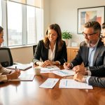 Équipe diverse réunie autour d’une table dans un bureau moderne, collaborant pour structurer une stratégie commerciale fiable et accompagner la croissance.