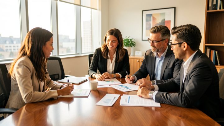 Équipe diverse réunie autour d’une table dans un bureau moderne, collaborant pour structurer une stratégie commerciale fiable et accompagner la croissance.